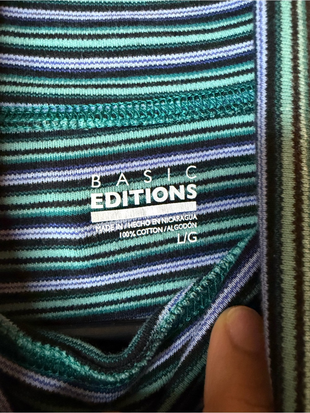 Basic Editions Green and Blue Striped Long Sleeve Tee